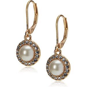 Gold Tone Drop Earrings for Women Pearl Crystal Halo Vintage Leverback Dangle
